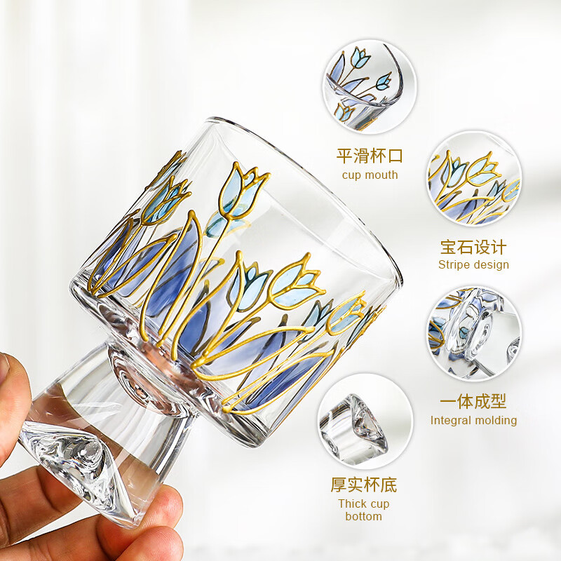 宰搂厂家直供手绘郁金香高颜值水杯中古高脚玻璃杯描金 主图款