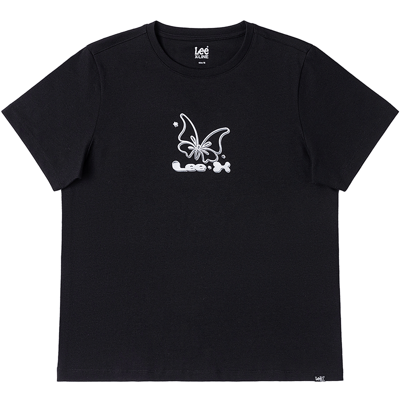 Lee25春夏新品标准版圆领蝴蝶图案印花女短袖T恤休闲LWT0098704LE 黑色 S