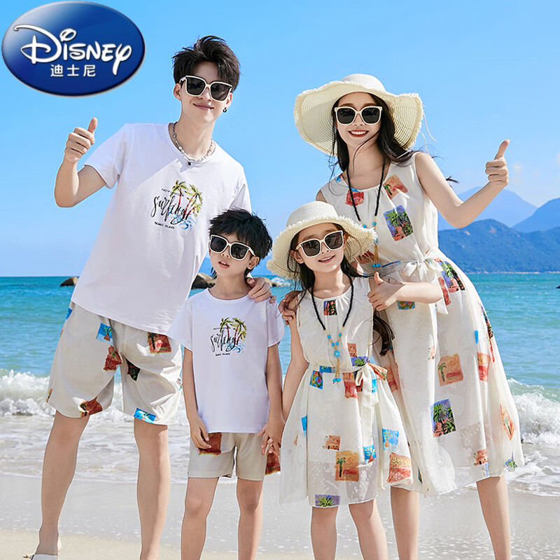 DISNEY三亞旅游親子裝一家四口海邊度假套裝父子母女連衣裙沙灘裝 藝術(shù)剪花 165 媽媽S