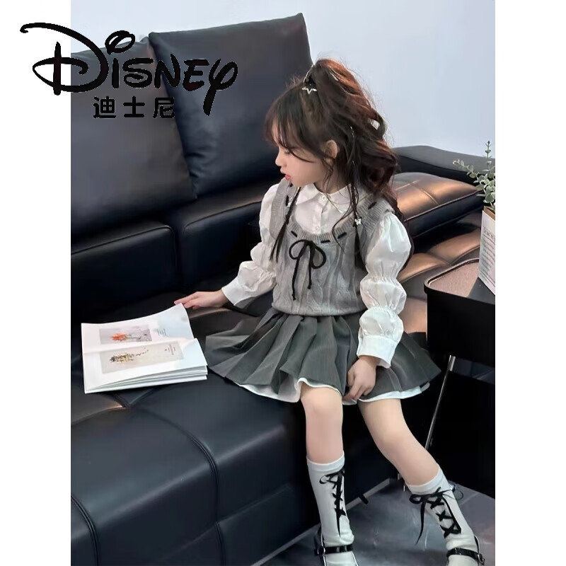 DISNEY女童秋裝jk兒童套裝2025新款洋氣女孩學(xué)院風(fēng)三件套春秋時髦 三件套【上衣+褲裙+針織背心】 100 cm