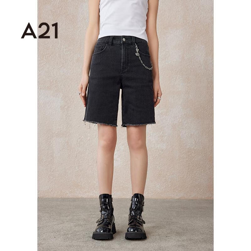 A21女裝時(shí)尚毛邊牛仔短褲女夏季高腰顯瘦小個(gè)子五分褲 黑灰 25