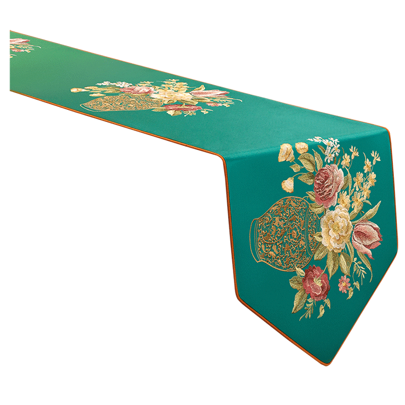 御芳閣中式桌旗新現(xiàn)代簡約風(fēng)格古典客廳茶幾餐桌餐布布藝長條桌旗床尾旗 繁花似錦（淺藍(lán)） 35X280cm(適合桌長2.3米-2.4米)