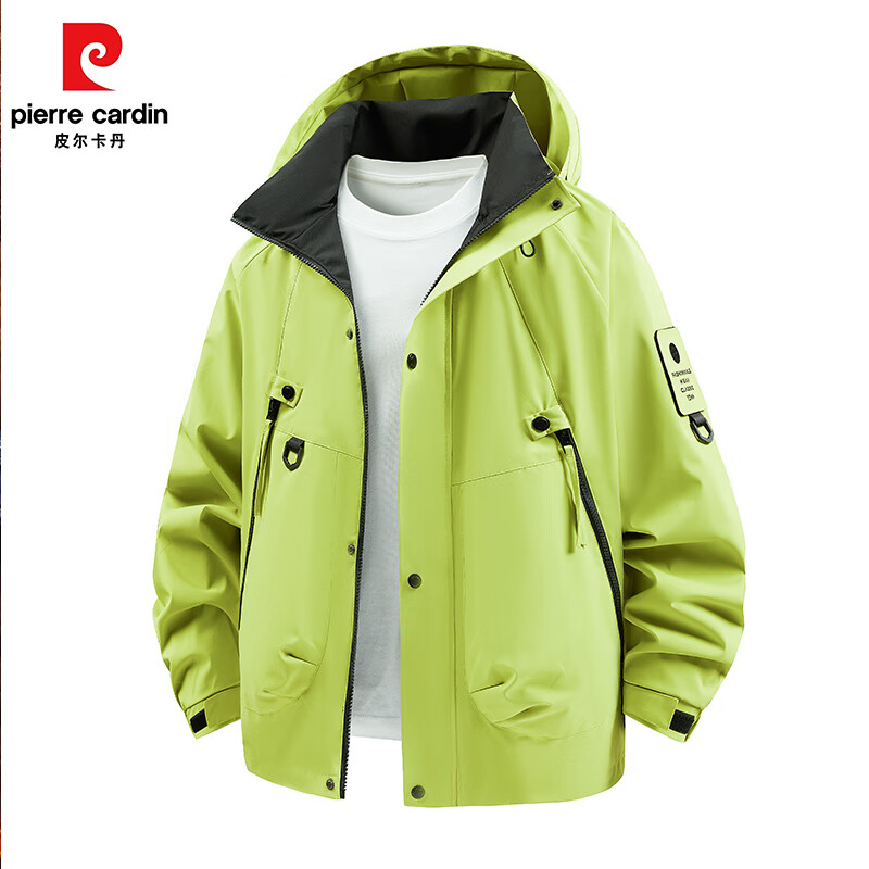 皮尔卡丹户外冲锋外套男春秋新款跑步外套防泼水夹克登山服男开衫连帽上衣 黑色 4XL
