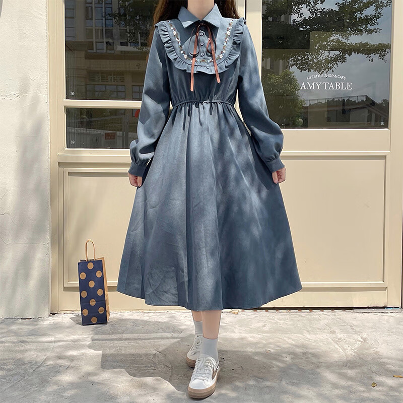 璇醇畢業(yè)成人禮禮服高中生連衣裙燈芯絨少女秋裝2025新款 藍(lán)色[奶系穿搭/春秋新款女裝/秋 S