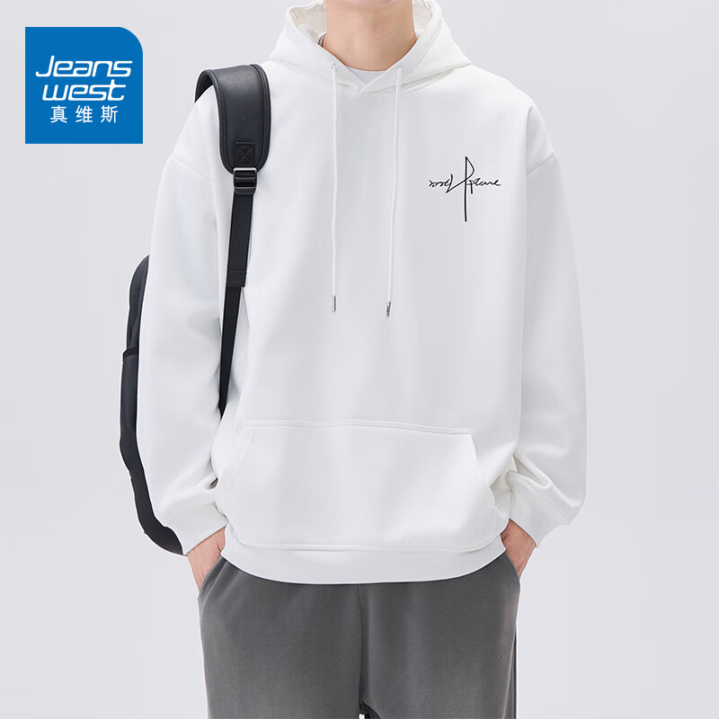 真维斯（Jeanswest）连帽卫衣男2025新款春秋季潮流套头打底衫宽松印花上衣男装 小标线条白色 XL