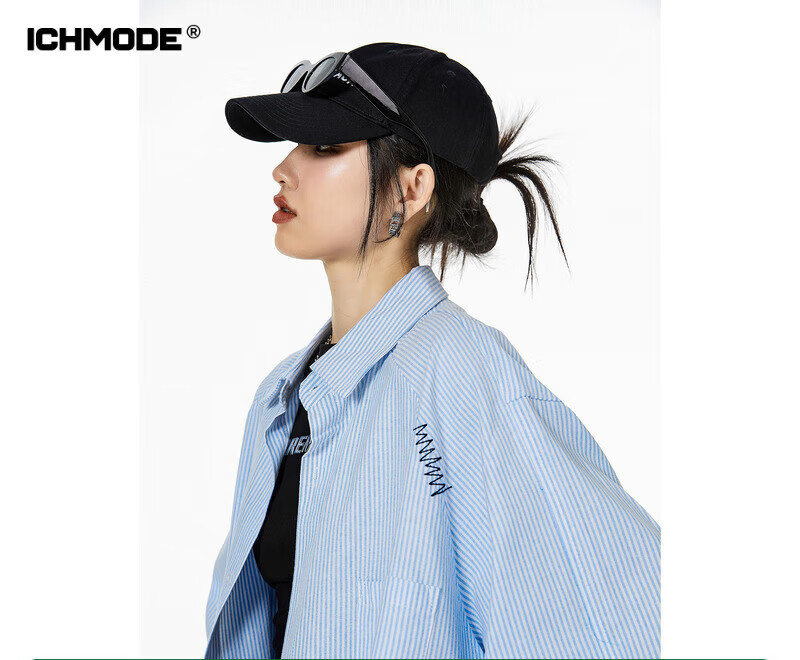 ICH MODE美式复古条纹蓝色衬衫女春秋2025新款宽松衬衣外套上衣男 蓝色 M