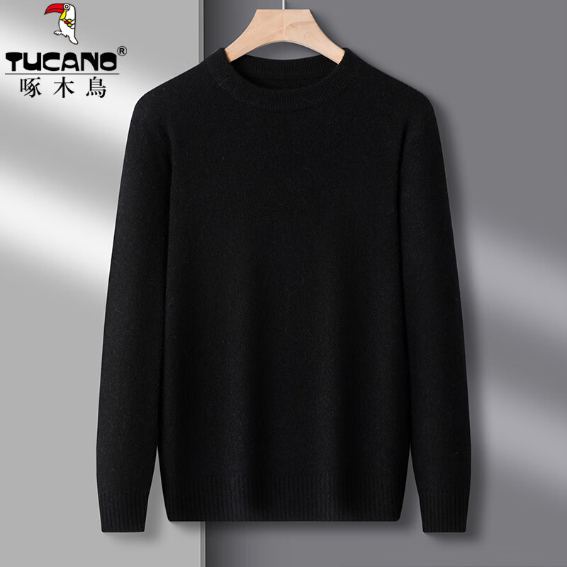 啄木鸟长袖毛衣男圆领纯色加厚男士针织衫冬季中年宽松非羊保暖毛衫绒衫 黑色 加厚 3XL (185) 推荐170-185斤