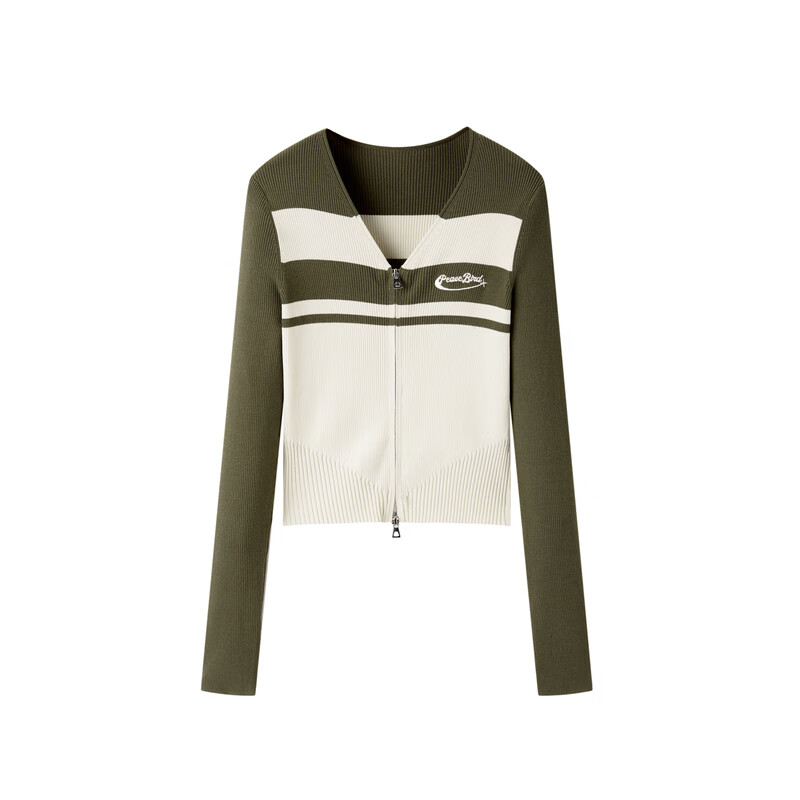 太平鸟女装针织衫秋季撞色拉链开衫打底衫针织上衣 军绿 S