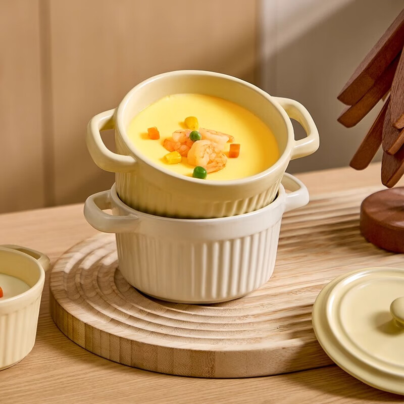 WELLMEET陶瓷蒸蛋碗带盖鸡蛋羹蒸碗炖蛊空气炸锅烤碗家用双耳蒸蛋羹专用碗 奶白双耳碗【400ml】约2-3个蛋