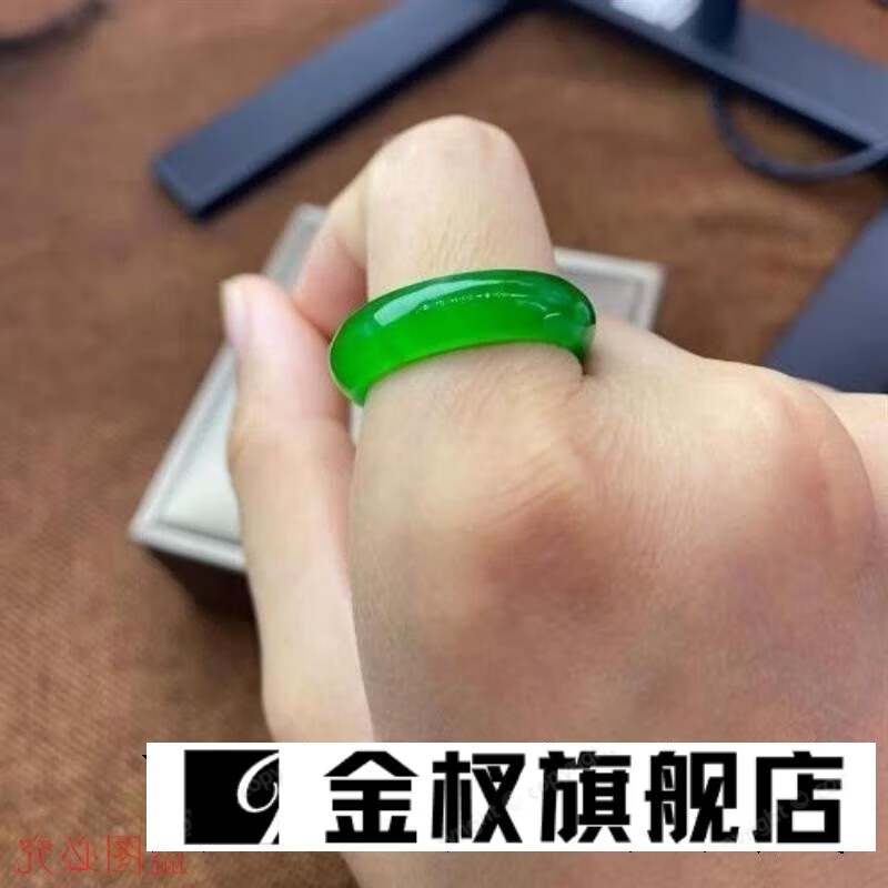 zbjp高端玉石翡翠戒指男冰种正阳绿指环大小号满绿戒圈飘花尾戒女
