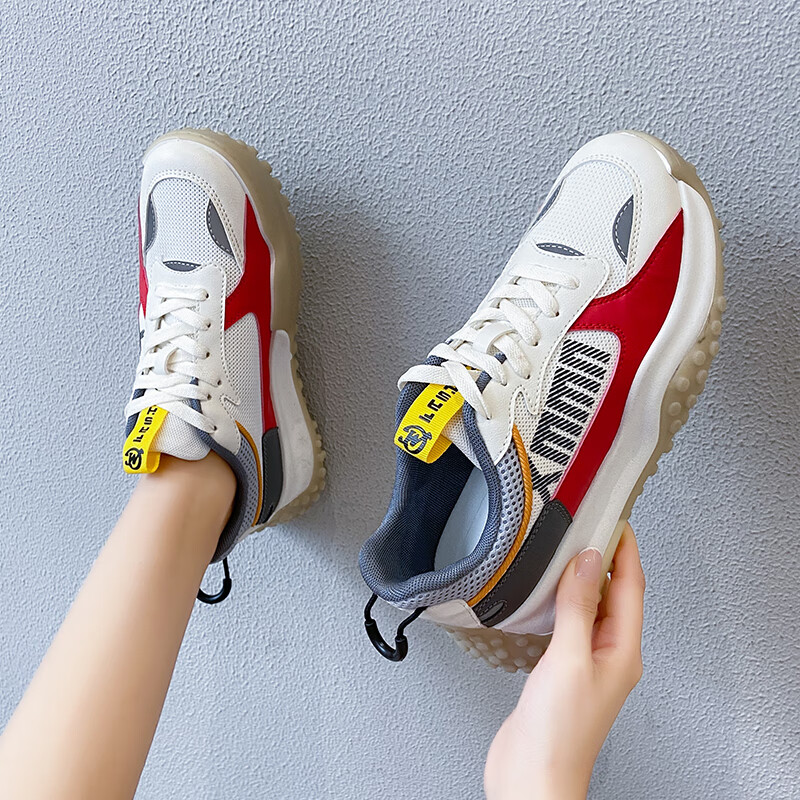 将远行女鞋运动鞋休闲鞋女春季新款网面透气老爹鞋舒适软底时尚跑步鞋女 红色 36 （尺码偏小，建议拍大一码）