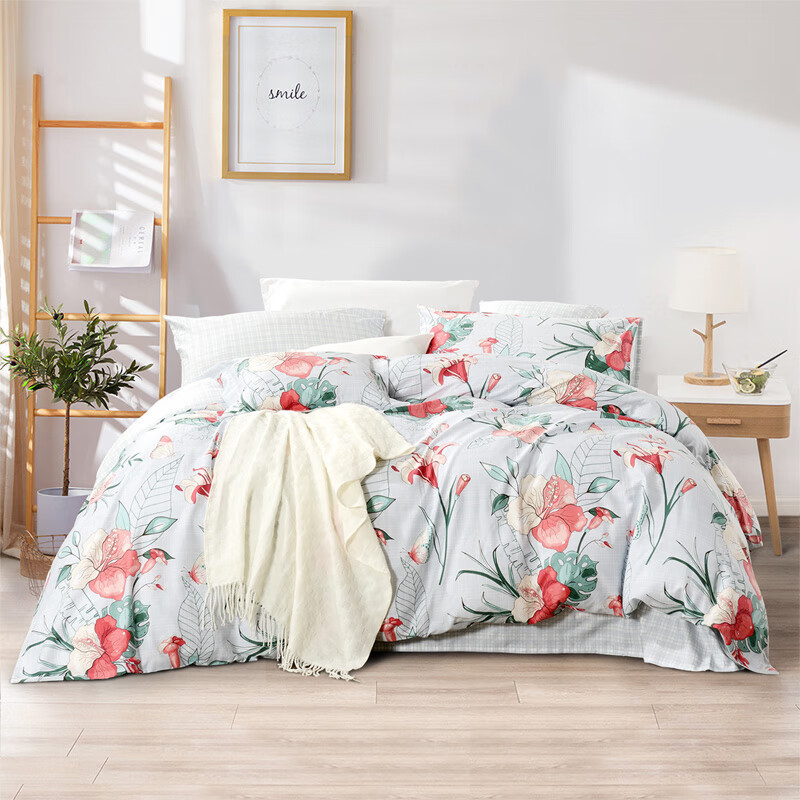 富安娜家纺 圣之花 床上四件套纯棉斜纹全棉套件单双人床单被罩 圣之花-【纯棉】印花系列-浅兰 1.5米床 床单款 （被套203*229cm）