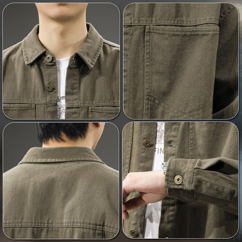 邦约恋人2026新款春秋上衣纯棉工装夹克男宽松大码秋季休闲翻领衬衫外套潮 军灰色 Z788 M 合适体重100-120斤