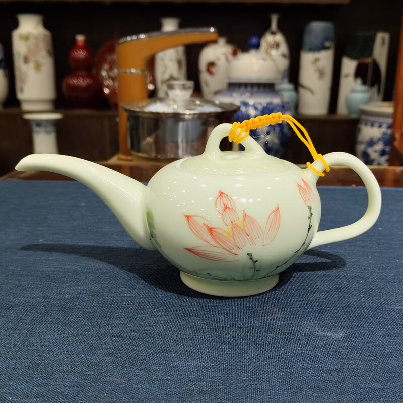 富丽元景德镇手绘陶瓷青釉粉彩茶壶小茶壶长嘴壶泡茶壶单壶山水荷花 手绘荷韵 250ml
