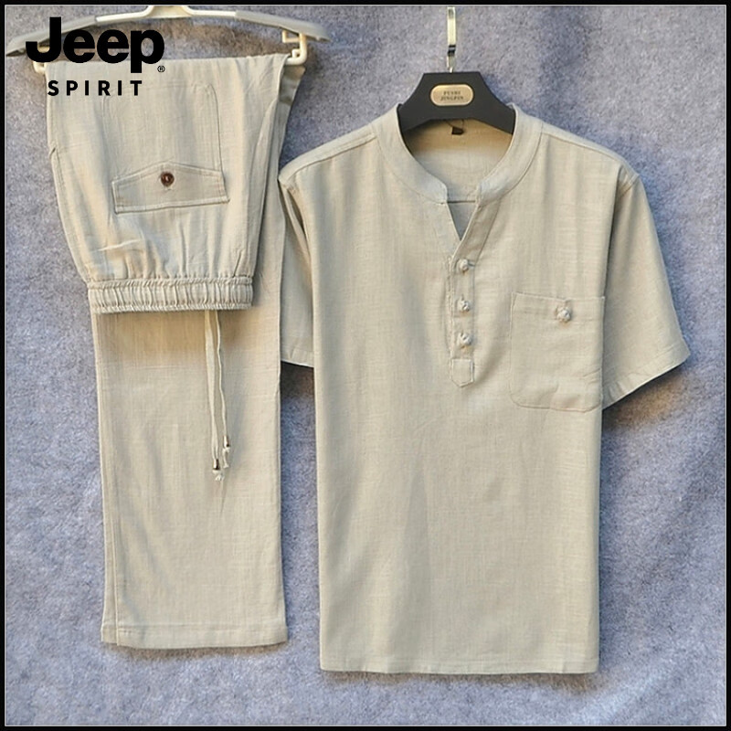 JEEP SPIRIT中國風棉麻套裝短袖t恤男式休閑亞麻褲寬松大碼兩件套夏季男唐裝 亞麻色 XL (建議135-150斤)