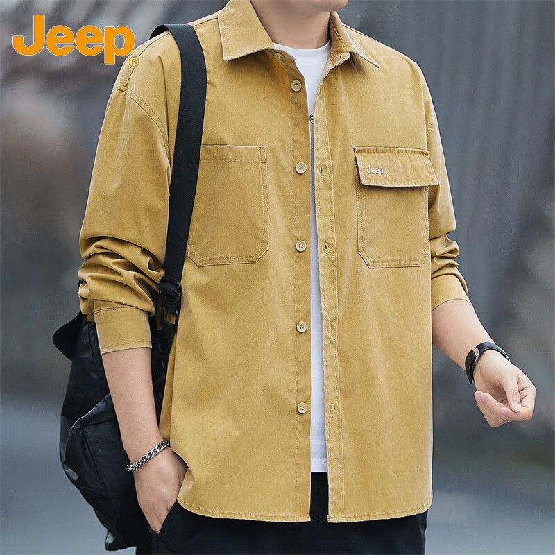 吉普(JEEP)美国正品Jeep高端美式工装衬衫男士春秋潮牌重磅宽松休闲衬衣外套 深灰色 【官方正品】 XL 推荐140-160斤