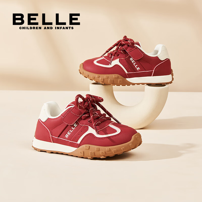 百丽儿童运动鞋25秋新款女童男童休闲鞋便捷魔术贴百搭大童跑步鞋 红色 30 【建议脚长186-191mm】