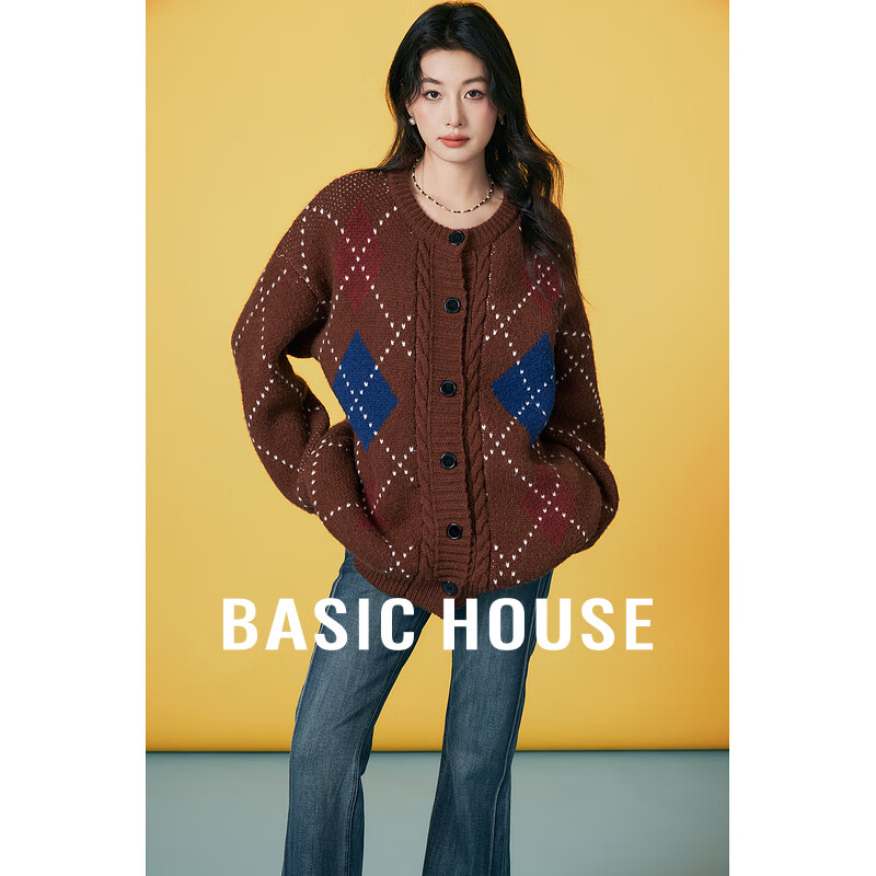 Basic House/百家好学院风撞色菱格开衫外套圆领宽松落肩毛衣冬季 咖色 F