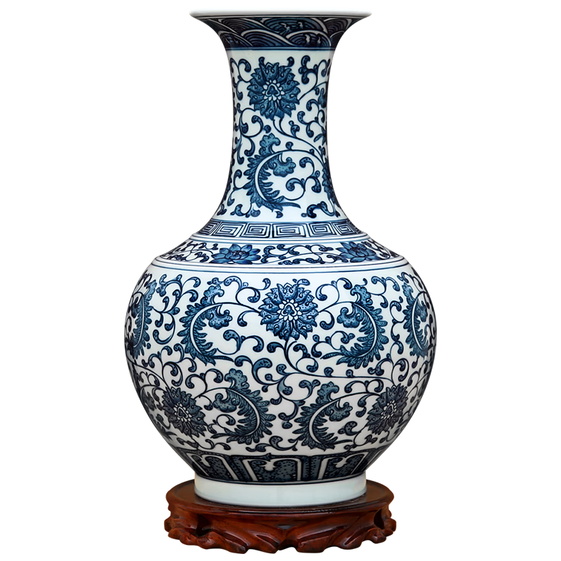 景德鎮(zhèn)陶瓷器仿古中式手繪青花瓷花瓶工藝品客廳擺件家居酒柜玄關(guān)書(shū)房電視柜辦公室博古架茶室裝飾品瓷瓶擺設(shè) 手繪青花三寶萬(wàn)壽藤賞瓶（配根雕座+證書(shū)+錦盒）