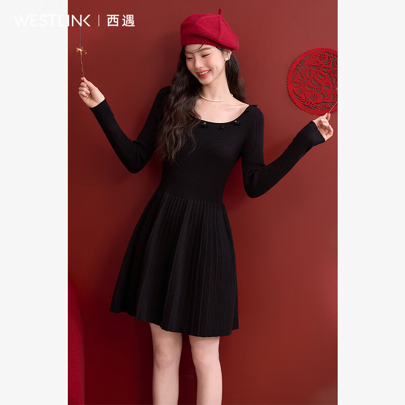 西遇法式浪漫珠片花朵方領(lǐng)連衣裙女2025春季高彈收腰連衣裙 黑色 S