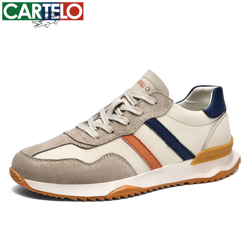 卡帝乐鳄鱼男鞋春夏季真皮防滑板鞋厚底旅游鞋透气帆布男士休闲鞋跑步运动鞋 沙色-皮面(QH8009) 40
