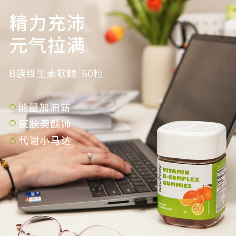 Nature's Key美国自然之钥复合维生素b软糖 维生素b12b2b6女男士多种维生素b族 复合B族软糖 60粒*2瓶 【充能提精气】