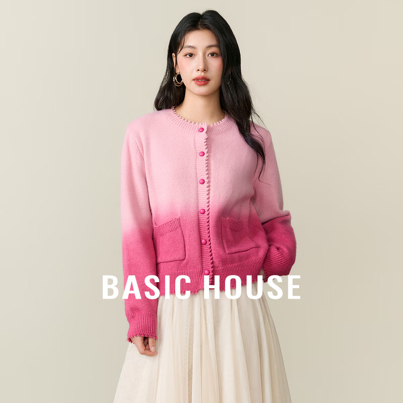 Basic House/百家好韩版渐变撞色毛衣25春季慵懒风圆领开衫外套女 粉色 L