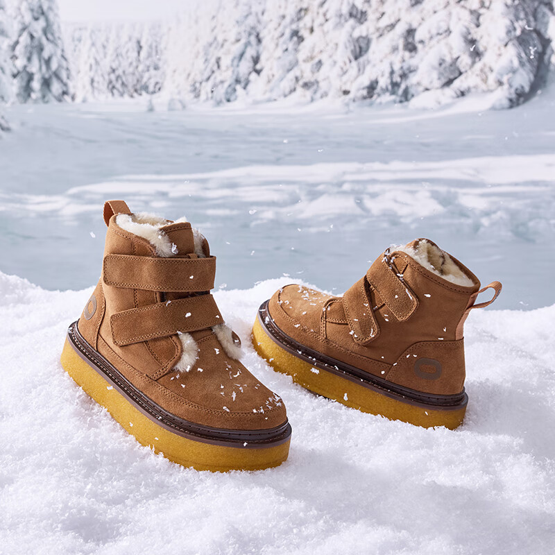 OETZI冰人奥兹 雪地靴女冬季皮毛一体厚底棉鞋魔术贴保暖中筒靴 棕色T24340944 37