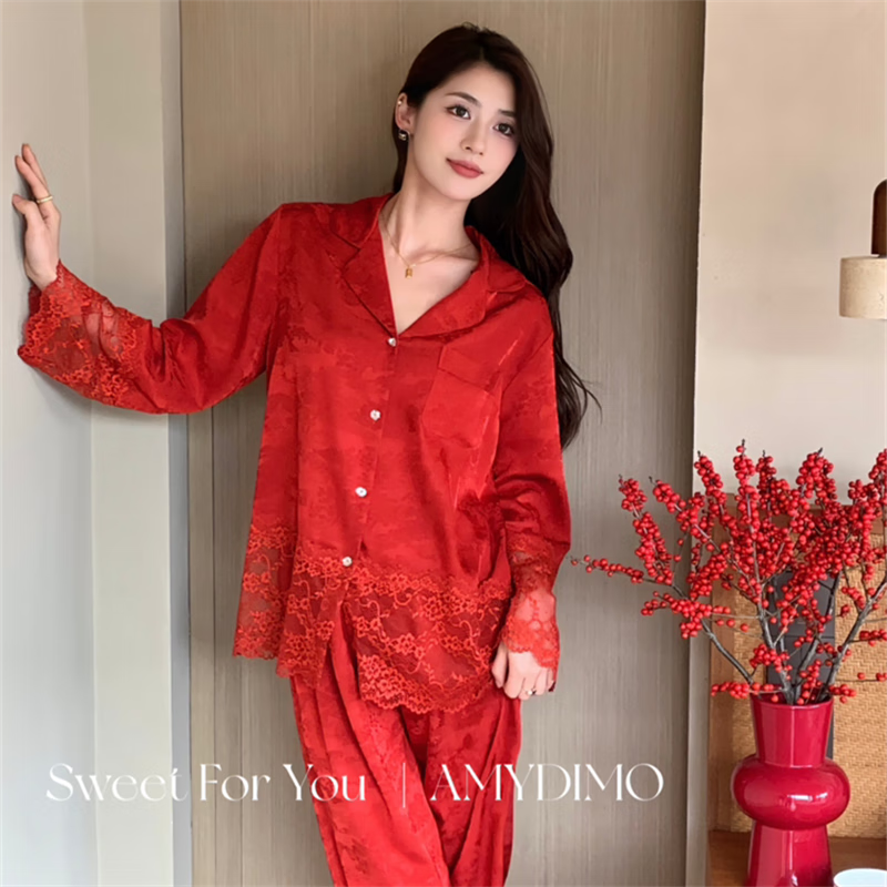艾缇贝丽amydimo红色结婚情侣睡衣长袖长裤蕾丝黑色家居服 红色-女款 M