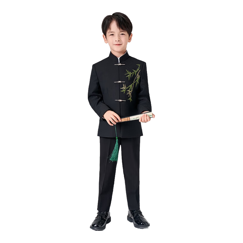 羅蒙兒童國(guó)風(fēng)西服套裝男童中山裝主持人演講西裝新中式演出服 黑色150