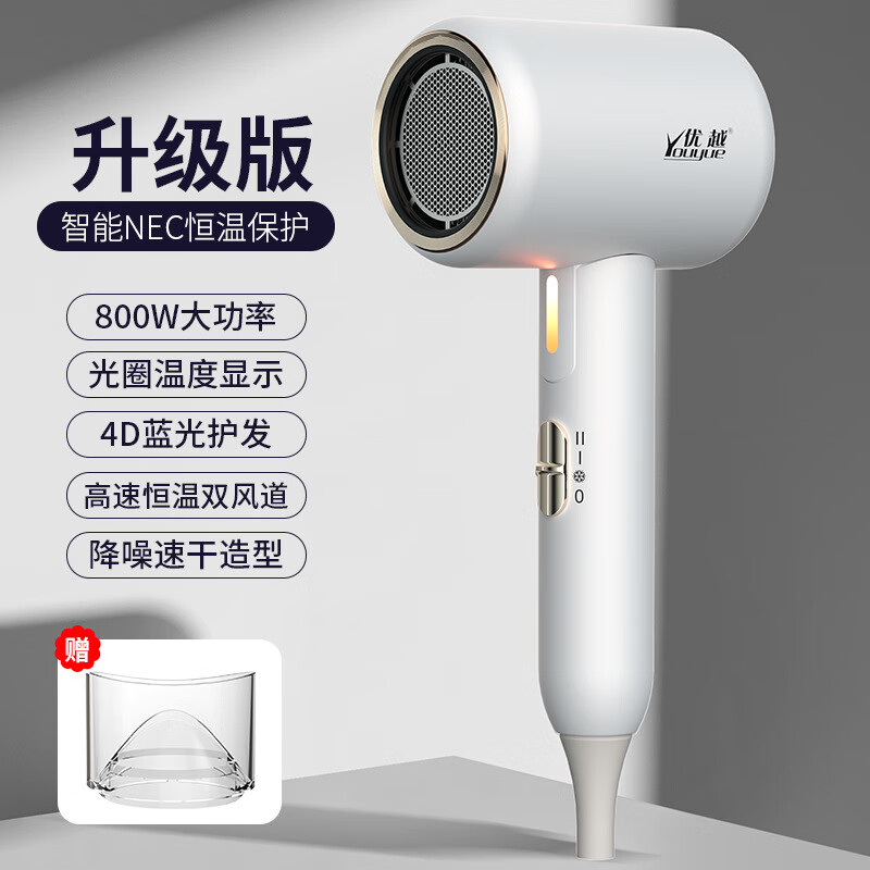 优越 高速电吹风 小型家用折叠吹风机大功率恒温吹风筒学生负离子护发 800W白色-可折叠 F8