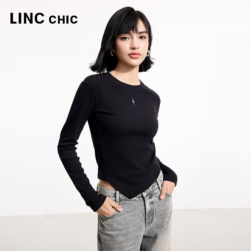 金羽杰2025年春季新品修身圆领长袖T恤女短款轻薄款内搭上衣S251FK019Y 黑色 S 适合95斤以下