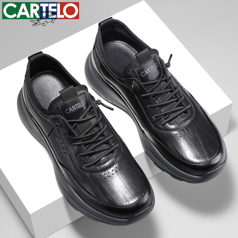 卡帝乐鳄鱼新款春秋休闲皮鞋男士时尚百搭软底鞋子舒适男士商务黑色真皮男鞋 黑色 42