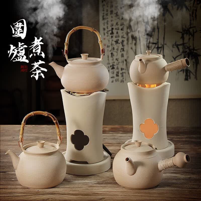 棉小城素烧白泥小高炭炉煮茶炉潮州煮茶壶侧把提梁壶禅意茶艺煮水砂铫壶 单壶【500ml小号素简侧把壶】