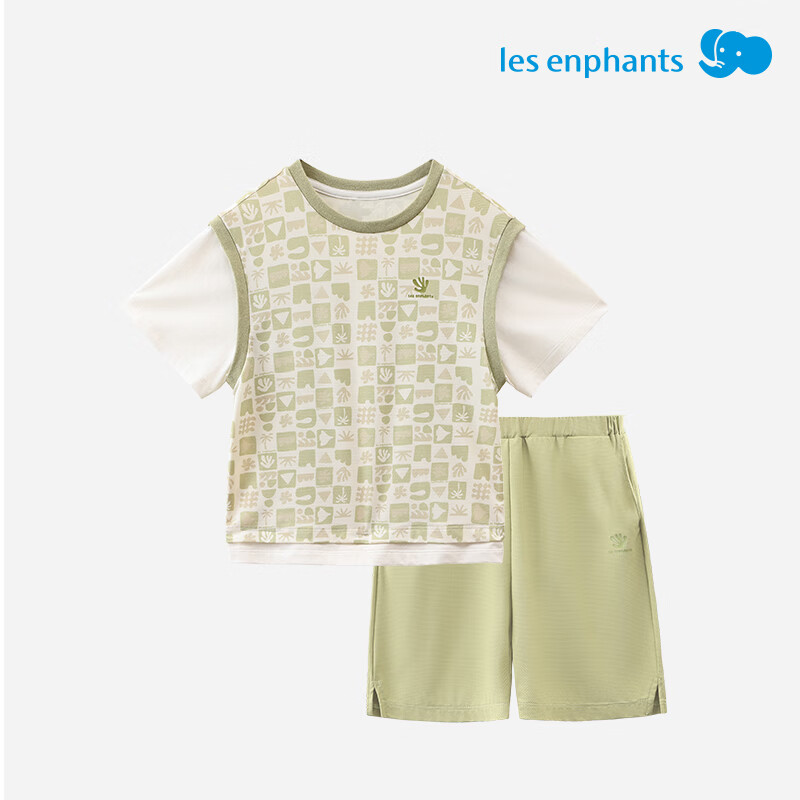 丽婴房儿童运动短袖套装印花速干假两件短袖中裤套装儿童套装 三色堇紫 110 cm