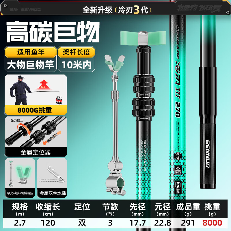 本諾碳素炮臺支架魚竿架桿輕硬大物臺釣椅釣箱地插架竿釣魚手竿支架 2.7m 【高碳巨物】+金屬雙絲地插