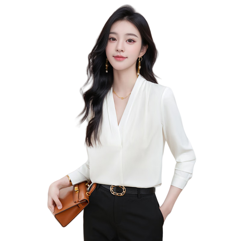 特洛曼白色職業(yè)襯衫女長(zhǎng)袖V領(lǐng)氣質(zhì)休閑免燙春秋內(nèi)搭上衣顯瘦雪紡襯衣