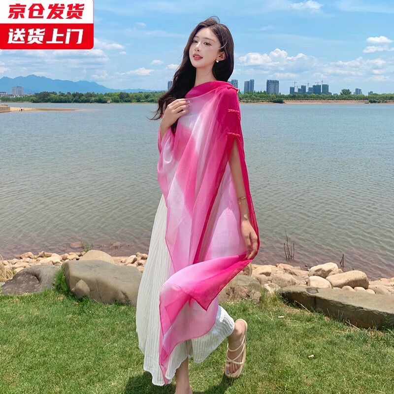 槿城夏季新中式盤扣披肩流蘇色女旅游拍照沙灘巾圍巾海邊防曬絲巾百搭 粉色WM91