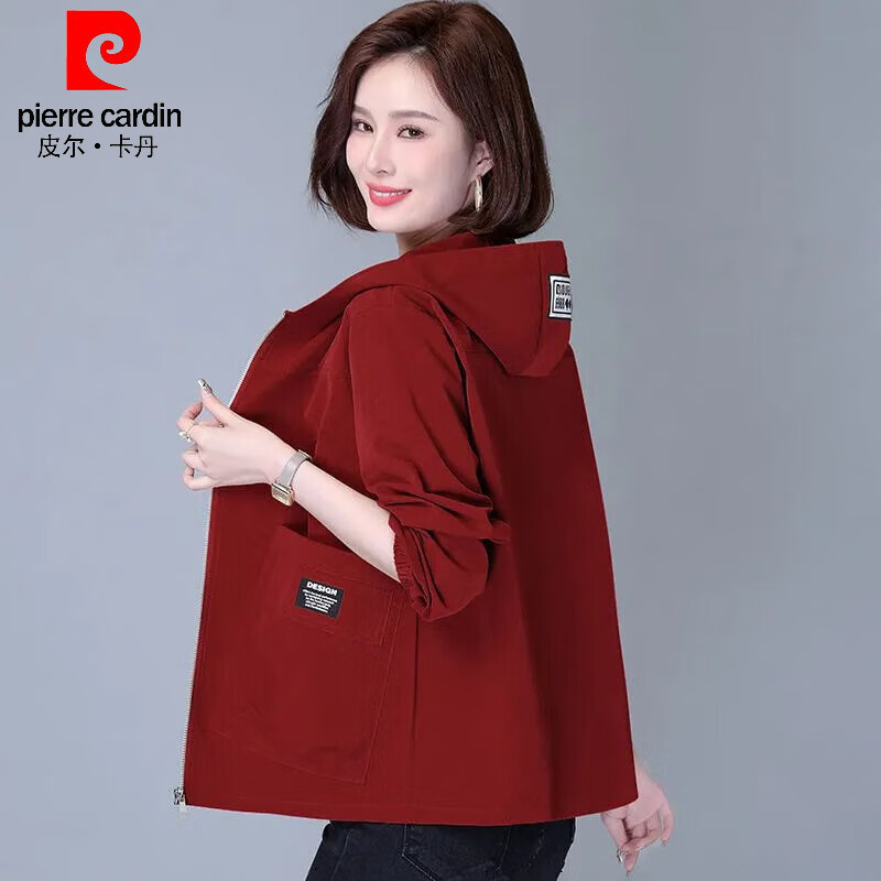 皮尔卡丹(pierre cardin)2026年春秋新款单层外套休闲宽松连帽短外套女士妈妈洋气减龄年轻 皮粉色 XL 125-135斤