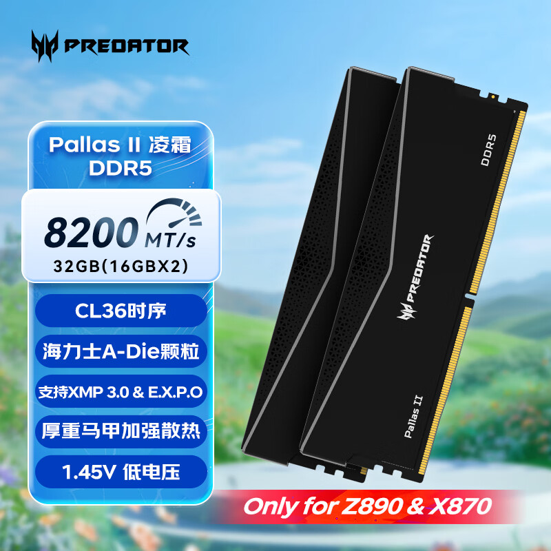 宏碁掠夺者（PREDATOR）DDR5 台式机内存条 Pallas II凌霜系列 8200频率 C36 Adie凌霜黑 547 32GB 2条套条 16*2