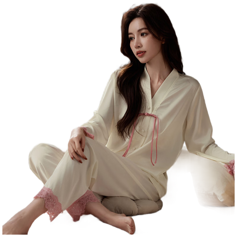 貓惑貓惑新中式冰絲睡衣女春夏國風(fēng)仿真絲長袖長褲睡裙緞面家居服套裝