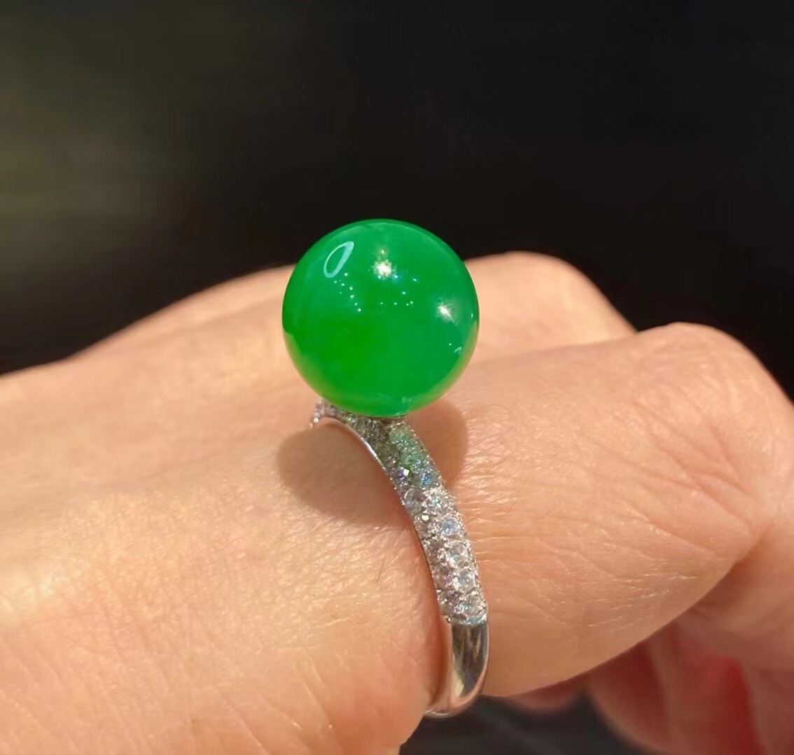 经典百搭糯米种媲美翡翠可调节指环女 正阳绿戒指圆珠10mm开口可调节
