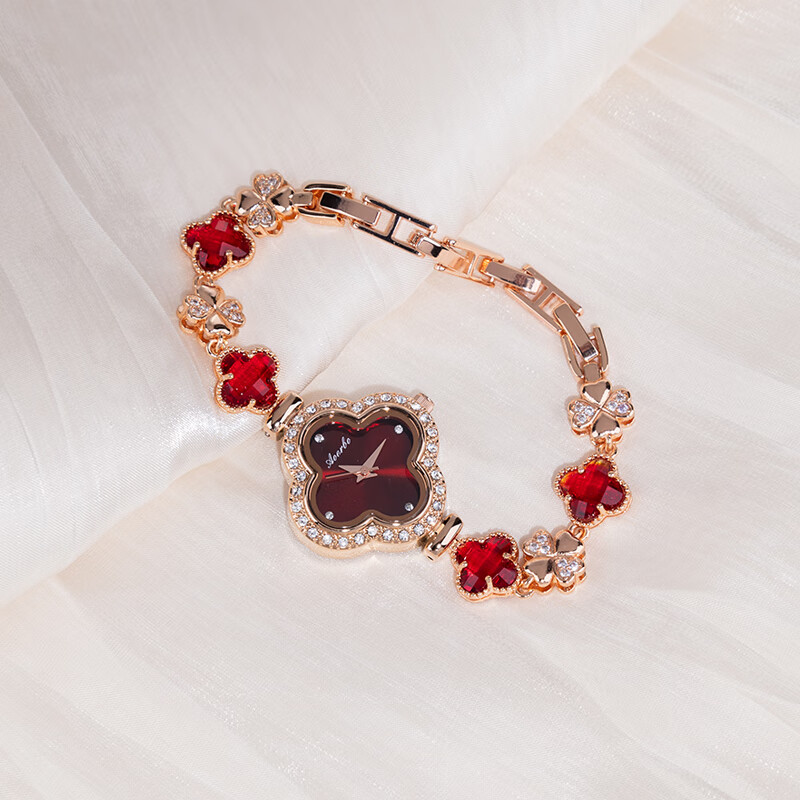 Create Road幸运四叶草女士手链式手表轻奢时尚简约镶钻学生石英送女友礼物 宝石红【送礼盒+手镯】