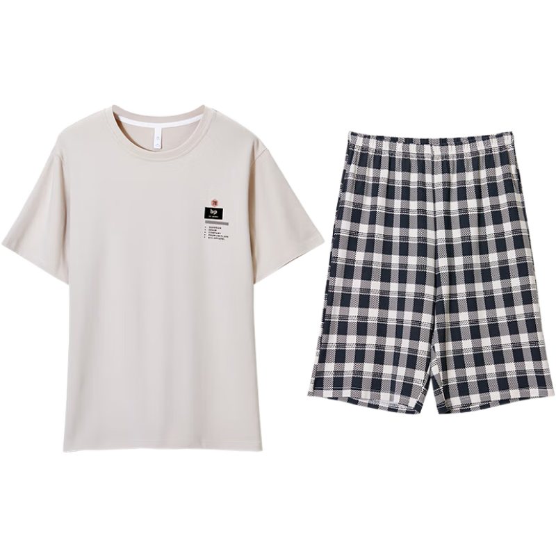 達(dá)爾麗【5A抗菌】新款睡衣男純棉圓領(lǐng)短袖短褲夏季格紋男士家居服套裝薄 T9241245-063-灰蘭色 XL