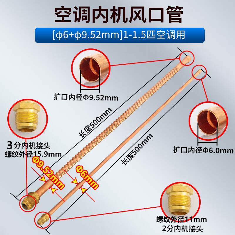 泰鵬空調內機銅管單接頭焊接用1-5匹麻花螺紋管波紋管軟態(tài)純銅長(cháng)50cm 1匹內機單接頭【6+10】1套 風(fēng)口管50厘米