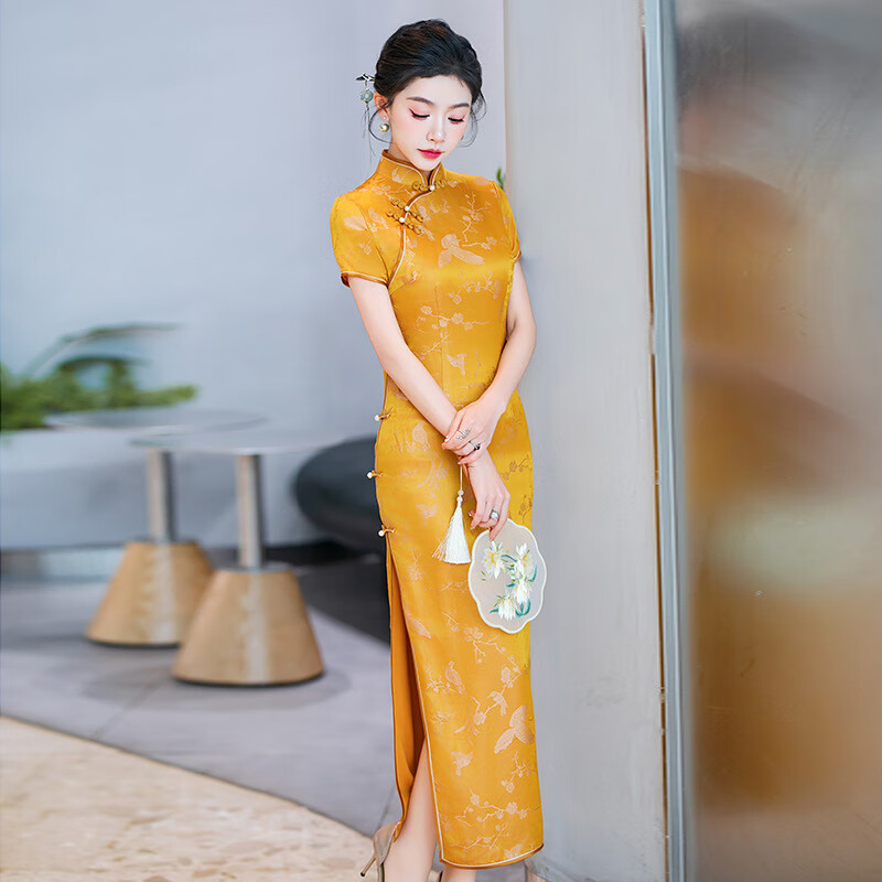應否旗袍復古高貴中國風2025春夏新款真絲旗袍連衣裙修身日常旗袍禮服 黃色 M
