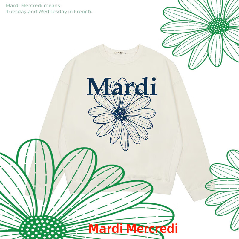 OEING&amp;mardi官方直营mardi卫衣小雏菊男女秋冬加绒薄款董洁印花刺绣 奶白色蓝花印花国内现货 均码