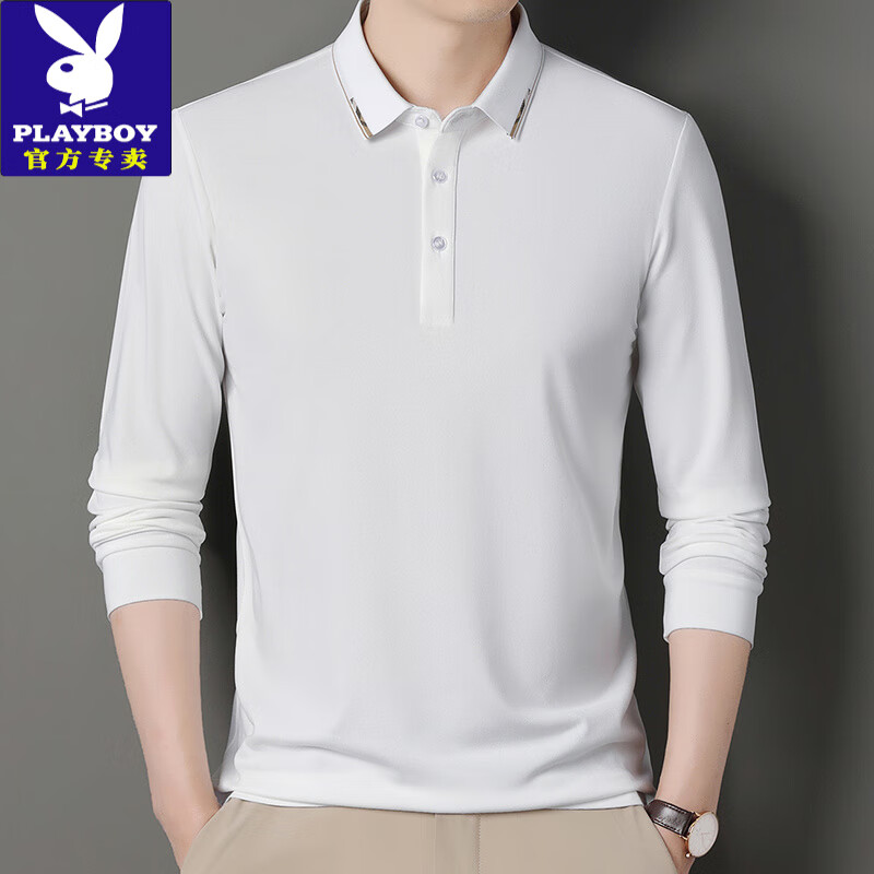 花花公子（PLAYBOY）高档春季新款桑蚕丝长袖t恤男士商务休闲翻领免烫POLO体恤衫潮 白色 8218 2XL 180【建议体重150-170斤】