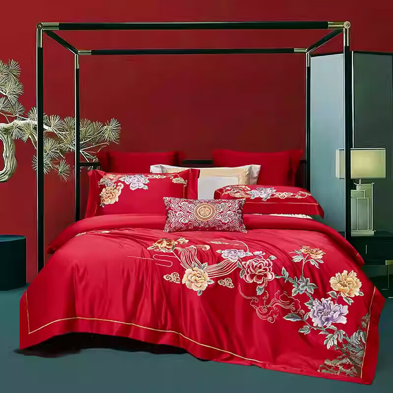柚言高檔婚慶四件套新中式刺繡花結(jié)婚多件套陪嫁大紅色喜被床品婚被 國(guó)色天香-大紅床單款四件套 2.0m床（被套220*240cm)