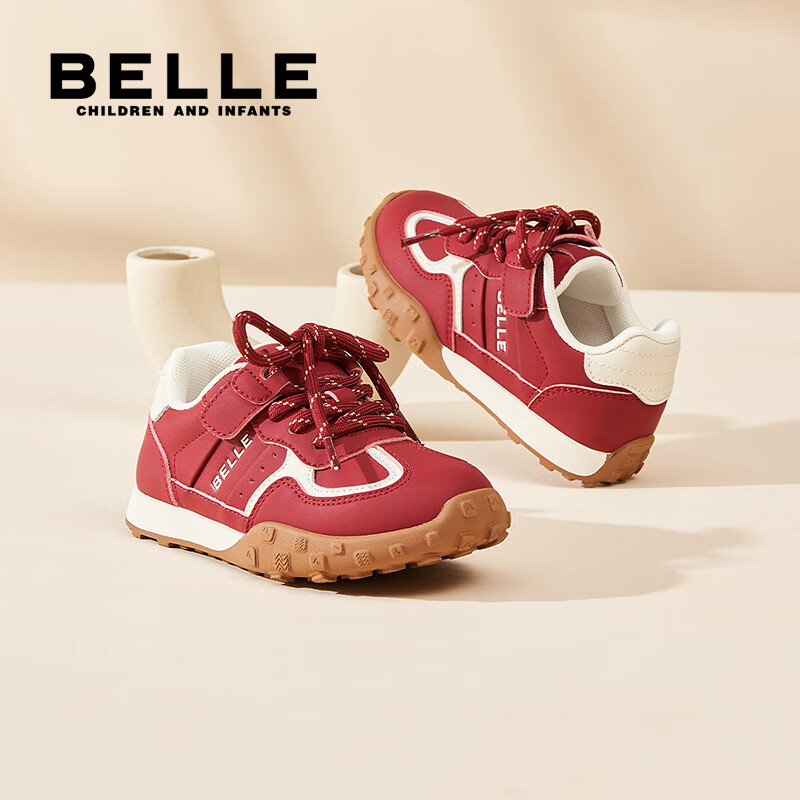 百丽儿童运动鞋25秋新款女童男童休闲鞋便捷魔术贴百搭大童跑步鞋 红色 30 【建议脚长186-191mm】